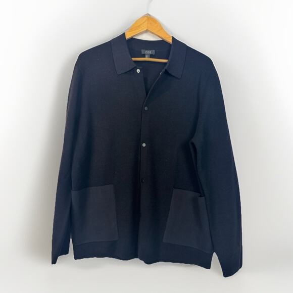 COS Men’s Black 100% Wool Textured Snap Closure Collared Cardigan Large $295 - Picture 1 of 6